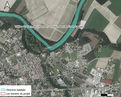 Carte d'un projet situé près du site Natura 2000 des vallées du Tarn, de l'Aveyron, du Viaur, de l'Agout et du Gijou